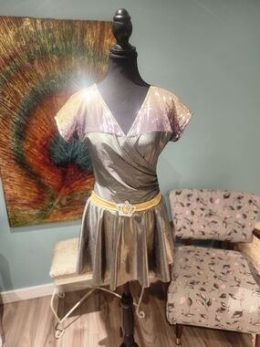 Gold Metallic Wrap Dress with Sequin Shoulders